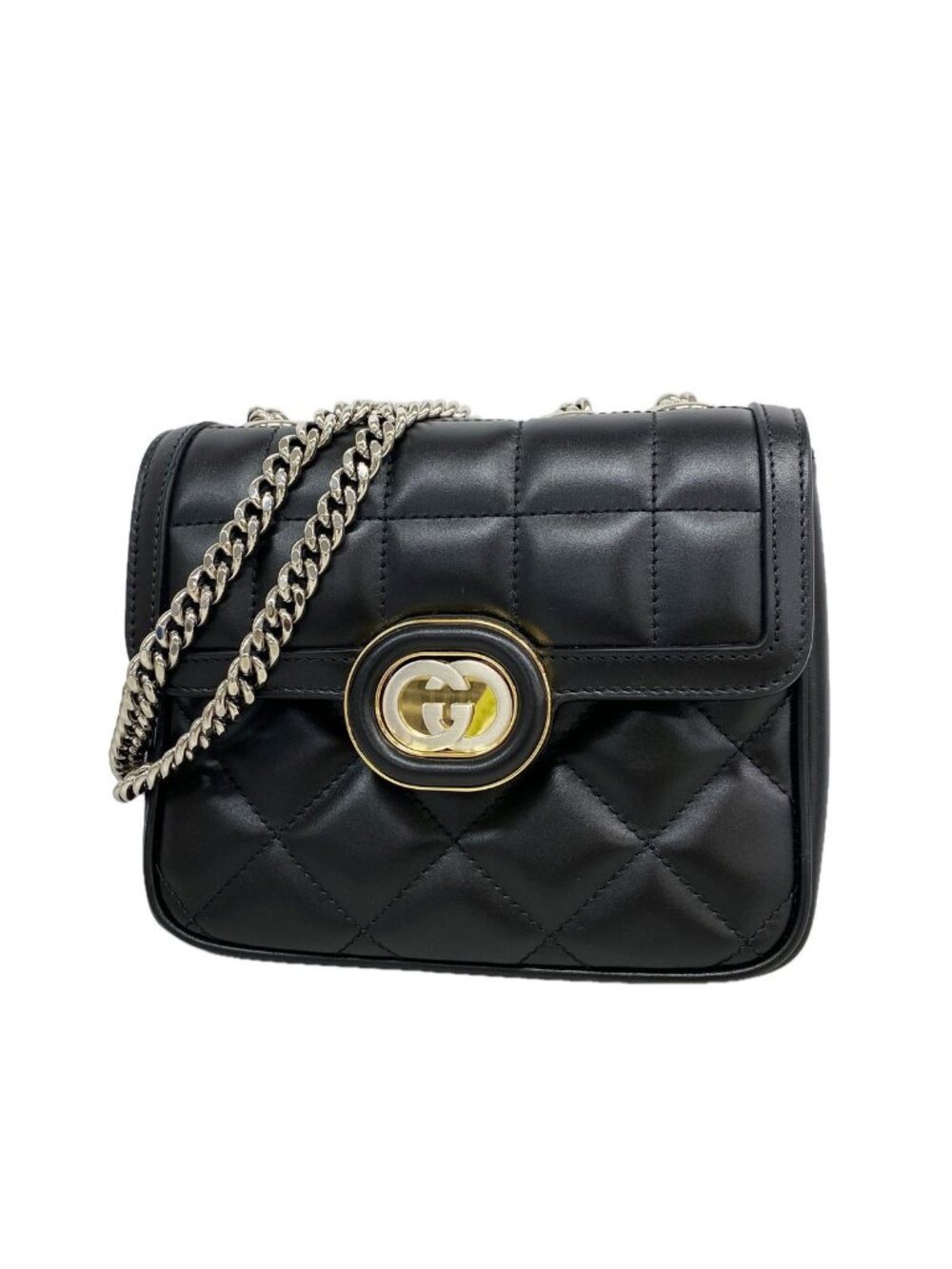 Gucci Shoulder Bag Deco Leather Black Gold Silver